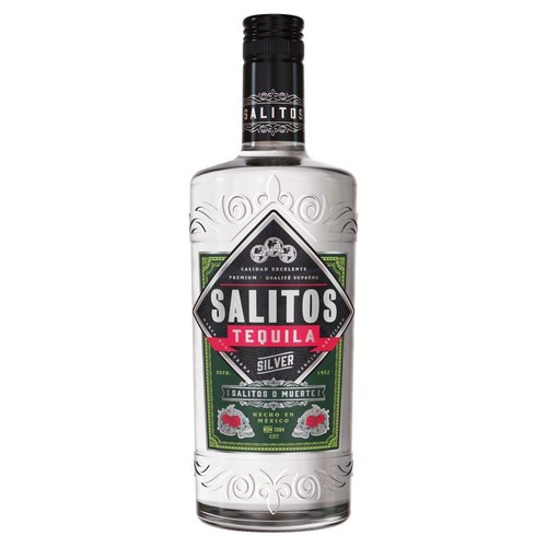 Butelka tequili Salitos Silver z czarną zakrętką. Na etykiecie widnieje nazwa Salitos, Tequila Silver, informacja o doskonałej jakości i pochodzeniu z Meksyku. Etykieta ma grafikę czaszek.