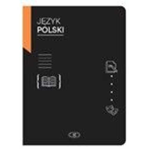 Podręcznik do języka polskiego z elegancką, czarną okładką i pomarańczowym akcentem w lewym górnym rogu. Na froncie widnieje napis "JĘZYK POLSKI" oraz szereg białych, minimalistycznych ikon: menu, książka, dokument, pieniądze i symbol nieskończoności.