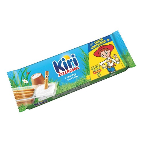 Kiri Przekąska, edycja limitowana Toy Story 5. Na opakowaniu paluszki do maczania w białym serku śmietankowym.