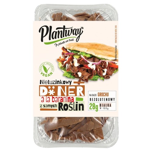 Przezroczysta tacka z wegańskim donerem Plantway a la baranina. Na etykiecie grafika donera i napis "Nietuzinkowy Döner z Roślin".