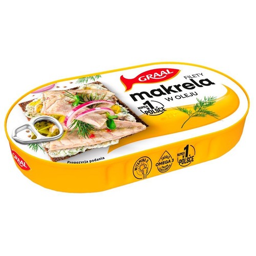 Żółte opakowanie Graal Filety Makrela w Oleju. Na etykiecie kanapka z makrelą, cebulą i koperkiem. Numer 1 w Polsce.