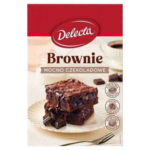 Opakowanie Delecta Brownie Mocno Czekoladowe. Na grafice stos czekoladowych brownie z polewą na talerzu.