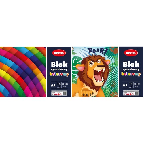 Rexus kolorowy blok rysunkowy A3, 16 kartek 80-100 g/m². Okładka z ryczącym lwem w dżungli.