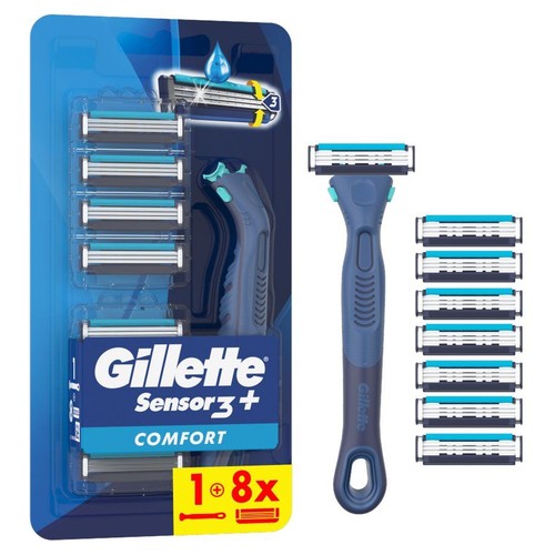 Zestaw Gillette Sensor3+ Comfort: niebieska maszynka do golenia z 3 ostrzami i 8 wymiennymi wkładami w blistrze.