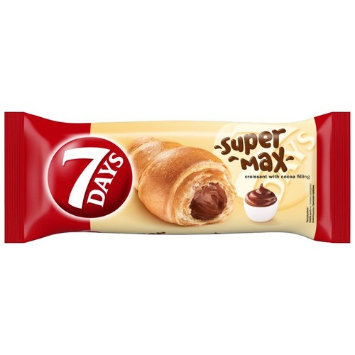 Opakowanie rogalika 7 DAYS Super Max z nadzieniem kakaowym. Na opakowaniu rogalik z widocznym czekoladowym wnętrzem i miseczka kremu.