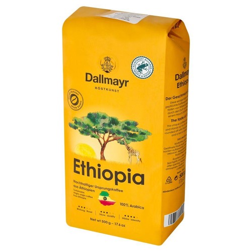 Kawa Dallmayr Ethiopia, 500g, 100% Arabica, w żółtym opakowaniu. Z logo Rainforest Alliance i ilustracją afrykańskiego krajobrazu.