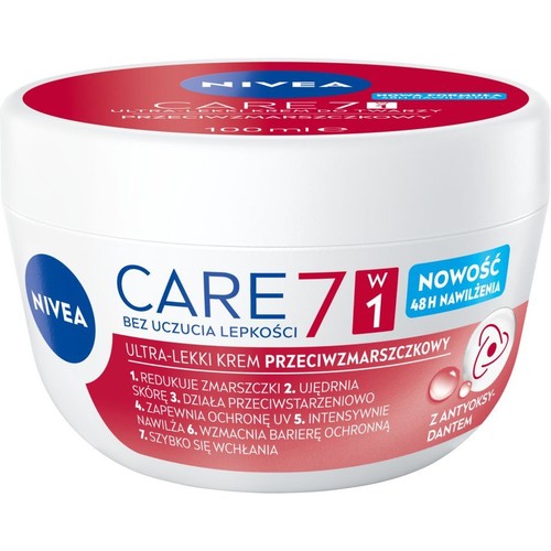 Biały słoiczek kremu NIVEA CARE 7 Ultra-lekki krem przeciwzmarszczkowy, 100 ml. Nowość z 48H nawilżeniem, bez uczucia lepkości. Z antyoksydantem. Redukuje zmarszczki, ujędrnia skórę, działa przeciwstarzeniowo i zapewnia ochronę UV.