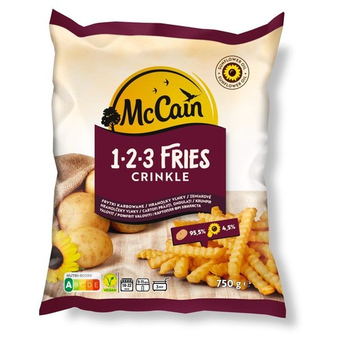McCain 1-2-3 Fries Crinkle, karbowane frytki z ziemniaków, 750 g. Opakowanie z grafiką ziemniaków i frytek.