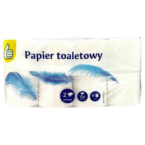Zestaw 8 rolek dwuwarstwowego papieru toaletowego. Każda rolka ma 156 listków. Przezroczyste opakowanie z niebieskimi piórami.