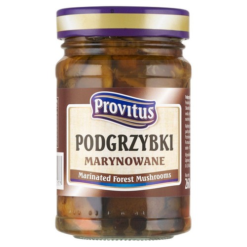 Szklany słoik marynowanych podgrzybków marki Provitus. Na etykiecie widnieje nazwa produktu "Podgrzybki Marynowane" oraz informacja "Marinated Forest Mushrooms". Waga netto produktu to 260g.