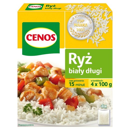 CENOS Ryż biały długi w torebkach, 4x100g. Gotowy w 15 minut. Opakowanie z grafiką dania z ryżem, kurczakiem i warzywami.