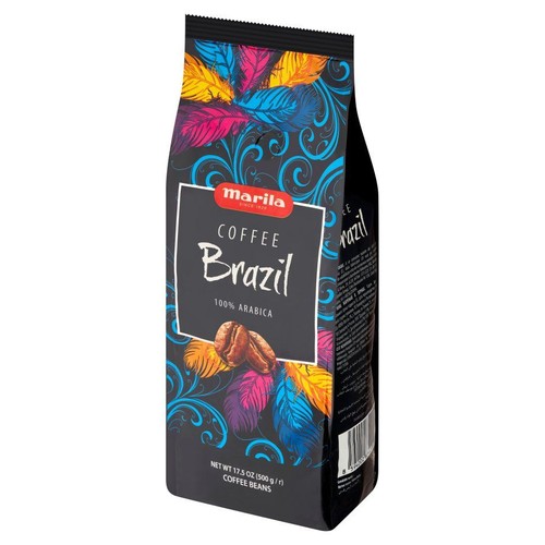 Opakowanie kawy ziarnistej Marila Brazil 100% Arabica, 500g. Na etykiecie grafika ziaren kawy.