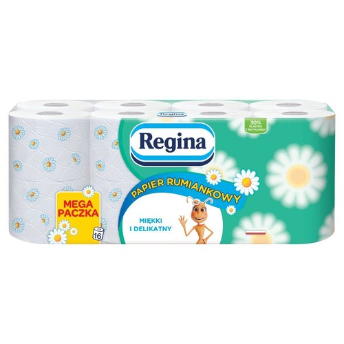 Papier toaletowy Regina Rumiankowy, mega paczka, 16 rolek. Miękki i delikatny, z 30% plastiku z recyklingu.