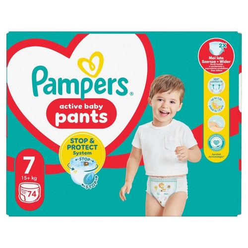 Opakowanie pieluchomajtek Pampers Active Baby Pants, rozmiar 7, dla dzieci 15+ kg, 74 sztuki. Na opakowaniu uśmiechnięte dziecko.