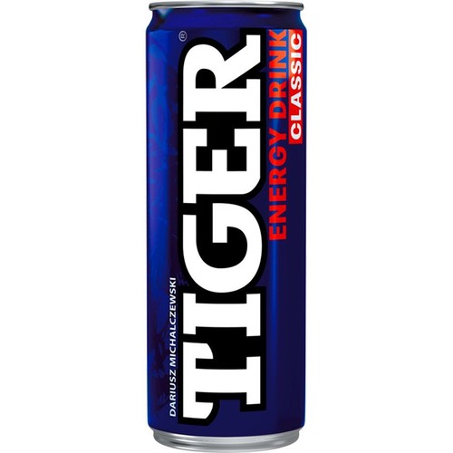 Pionowa puszka napoju Tiger Energy Drink Classic. Ma niebieskie tło z białymi i czerwonymi napisami.
