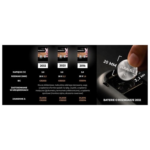Specyfikacje baterii Duracell: 2032 (20x3.2mm), 2025 (20x2.5mm), 2016 (20x1.6mm), wszystkie 3.0V. Zastosowania.