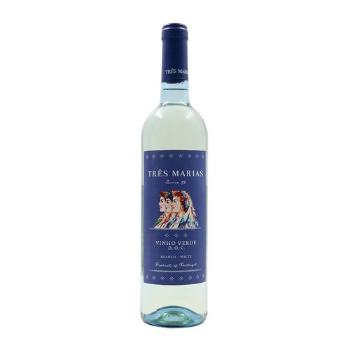 Butelka białego wina Três Marias Vinho Verde D.O.C. z Portugalii. Na etykiecie grafika trzech kobiet.