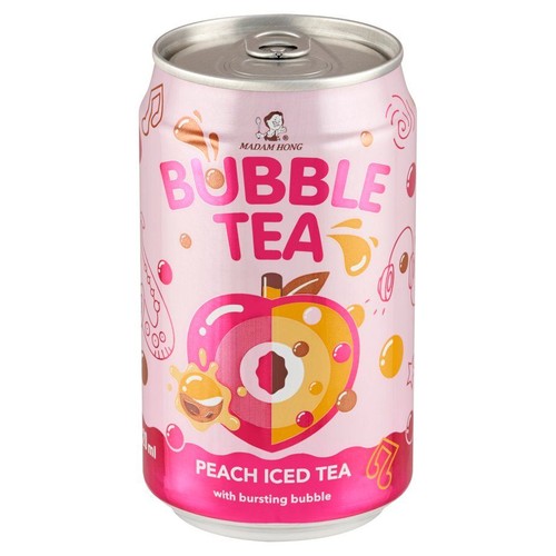 Puszka Madam Hong Bubble Tea, brzoskwiniowa mrożona herbata z pękającymi bąbelkami. Różowe tło z grafiką brzoskwini.