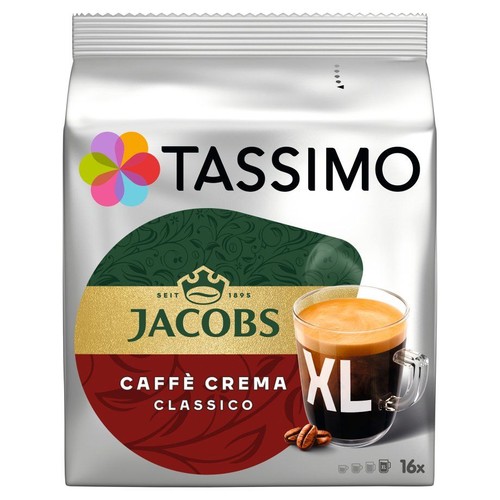 Opakowanie kawy Tassimo Jacobs Caffè Crema Classico XL na 16 porcji. Na froncie widoczne logo Tassimo i Jacobs, pod nim napis "Caffè Crema Classico". Obok duża litera XL i szklanka kawy z pianką oraz rozsypane ziarna kawy.