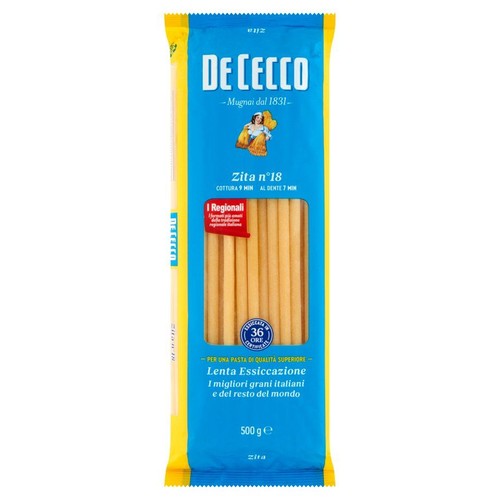 Produkt: makaron De Cecco Zita n°18, 500g. Opakowanie w kolorach niebieskim i żółtym, z przezroczystym okienkiem ukazującym długie rurki. Opis "Dla makaronu najwyższej jakości" i "Powolne Suszenie".