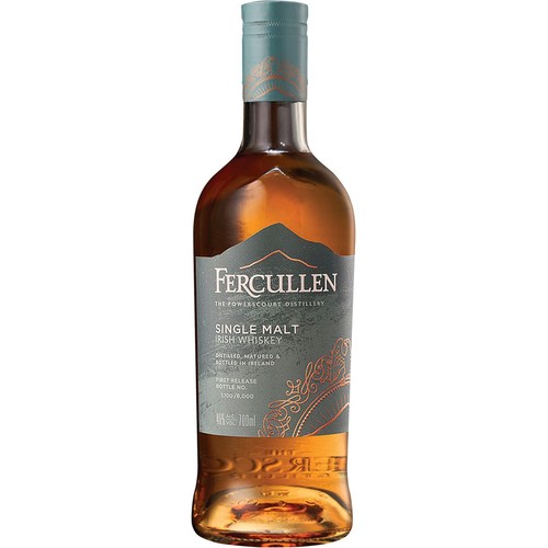 Irlandzka whiskey Fercullen Single Malt w szklanej butelce o pojemności 700ml i zawartości 40% alkoholu. Etykieta w kolorze ciemnego turkusu przedstawia góry i ozdobne wzory. To butelka z pierwszej edycji, numer 1100 z 6000.