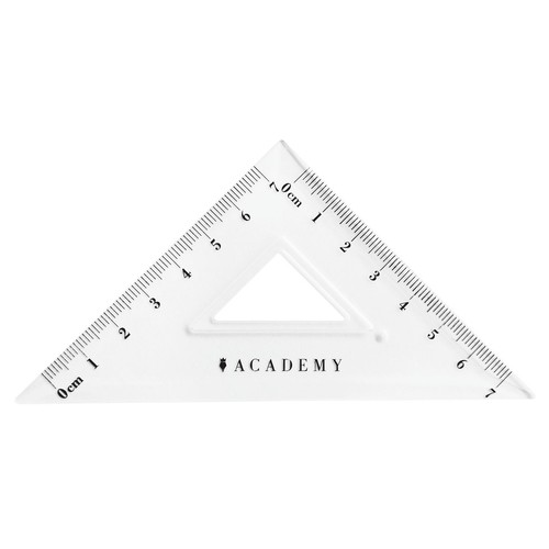Przezroczysta ekierka z tworzywa sztucznego, z czarną podziałką centymetrową. Posiada trójkątne wycięcie w środku. Na dole widoczne logo i nazwa marki Academy.
