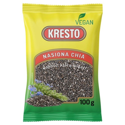 Opakowanie nasion chia Kresto, 100 gramów. Torebka jest żółta z zielonym dołem i zielonym logo "VEGAN". Na etykiecie znajduje się realistyczna grafika nasion chia z niebieskimi kwiatami i zielonymi pędami.