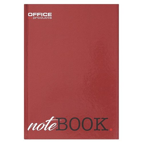 Czerwony notatnik z gładką, lekko odbijającą światło okładką. W lewym górnym rogu widnieje białe logo "OFFICE products". Na dole okładki znajduje się stylizowany napis "noteBOOK." w kolorach białym i czarnym.