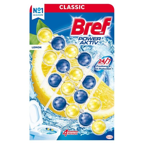 Bref WC Power Aktiv Lemon, odświeżacz do toalet. Na opakowaniu cytryna i kulki czyszczące.