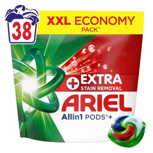 Opakowanie Ariel Allin1 PODS+ z 38 kapsułkami. Duże opakowanie ekonomiczne z dodatkowym usuwaniem plam.