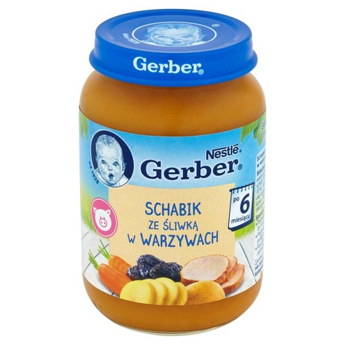 Słoiczek Gerber z puree dla dzieci. Etykieta przedstawia schabik ze śliwką w warzywach, przeznaczony dla niemowląt po 6 miesiącu życia.