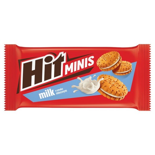 Czerwone, foliowe opakowanie ciastek Hit Minis o smaku mlecznym. Na opakowaniu widnieje białe logo "Hit MINIS" oraz grafika przedstawiająca dwa okrągłe ciastka z jasnym kremem i rozprysk mleka.