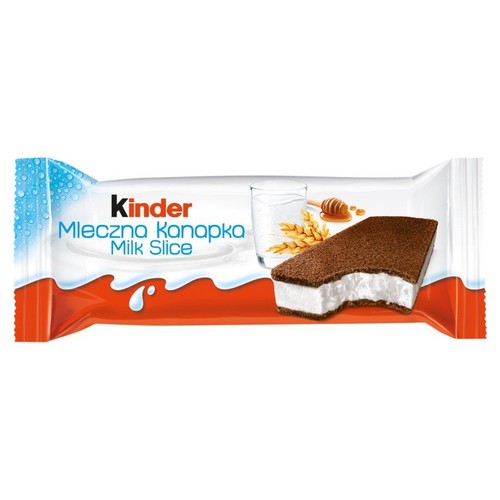 Biało-pomarańczowe opakowanie Kinder Milk Slice. Widoczne ciastko z mlecznym nadzieniem, szklanka mleka i kłosy zboża.