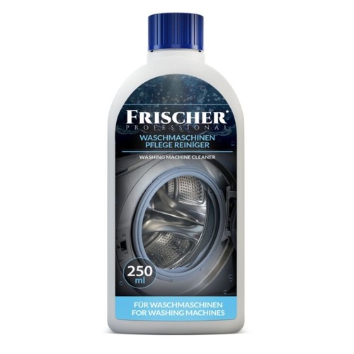 Płyn Frischer Professional do pielęgnacji pralek, 250 ml. Butelka z etykietą przedstawiającą wnętrze pralki.