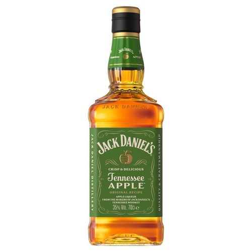 Jack Daniel's Tennessee Apple, likier jabłkowy 35% objętości alkoholu, w szklanej butelce 700ml. Zielona etykieta z logo Jack Daniel's i jabłkiem. Widoczne napisy "Crisp & Delicious" i "Original Recipe".