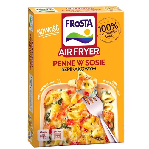 Frosta Penne w Sosie Szpinakowym do Air Fryer. Danie w papierowej tacce, 100% naturalnego smaku. Czas pieczenia 24/30 min.