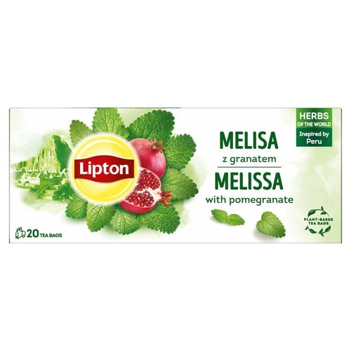Opakowanie herbaty Lipton Melisa z granatem, 20 torebek. Widoczne liście melisy i przekrojony granat.