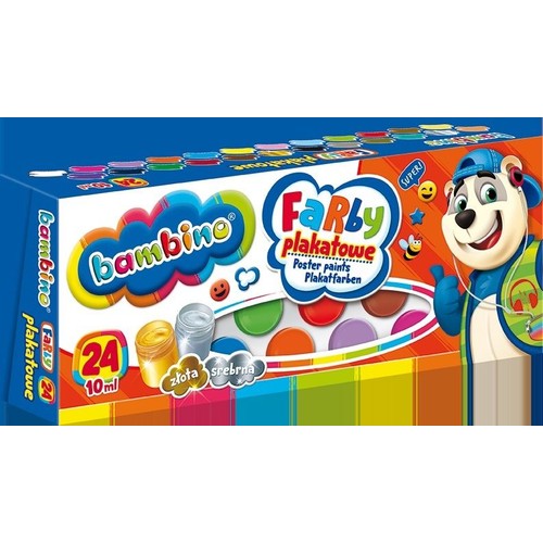 Opakowanie farb plakatowych Bambino, zawierające 24 kolory w tubkach po 10 ml każda. W zestawie znajdują się specjalne kolory: złoty i srebrny. Na pudełku widoczna jest grafika wesołej pandy w słuchawkach.