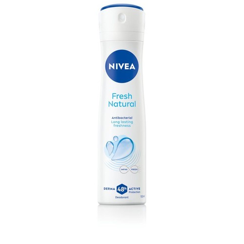 NIVEA Fresh Natural, dezodorant w sprayu o pojemności 150 ml. Białe opakowanie z niebieskimi detalami i informacją o 48h ochronie.