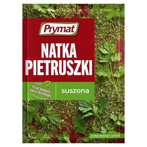 Opakowanie Prymat Natka Pietruszki Suszona. Czerwono-zielona torebka z grafiką suszonych liści pietruszki i świeżych gałązek.