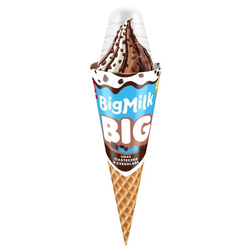 Rożek Big Milk BIG o smaku ciasteczkowym i czekoladowym, 140 ml. Lody w wafelku z polewą i posypką, w przezroczystym opakowaniu.