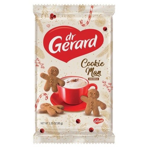 Opakowanie ciastek Dr Gerard Cookie Man Gingerbread. Na białym tle grafika z piernikowymi ludzikami i czerwoną filiżanką. Waga netto 95 g.