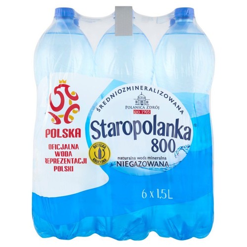 Zgrzewka 6 butelek wody mineralnej Staropolanka 800, niegazowanej i średniozmineralizowanej. Każda butelka o pojemności 1.5 litra. Jest to oficjalna woda Reprezentacji Polski, pochodząca z Polanicy Zdroju od 1905 roku. Butelki kaucjonowane.