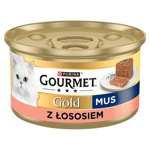 Puszka karmy dla kota Purina Gourmet Gold Mus z łososiem. Na etykiecie biały kot i porcja musu.