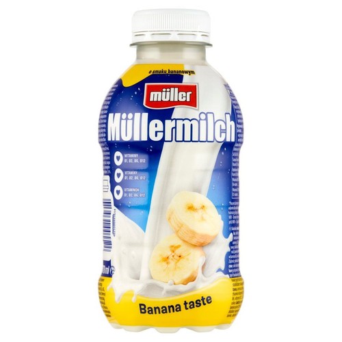 Müllermilch bananowy w butelce 400 ml. Biała nakrętka, niebiesko-żółta etykieta z grafiką bananów. Z witaminami.