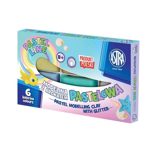 Pudełko modeliny Astra Pastel Line z brokatem, zawierające 6 pastelowych kolorów. Na opakowaniu widnieje tęcza, żółta rybka i muszelki. Produkt polski, przeznaczony dla dzieci w wieku 8 lat i starszych, nie brudzi rąk.