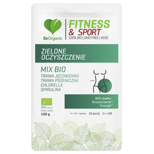 Białe opakowanie proszku BeOrganic Zielone Oczyszczenie Mix Bio, 100g. Zawiera trawę jęczmienną, pszeniczną, chlorellę, spirulinę.