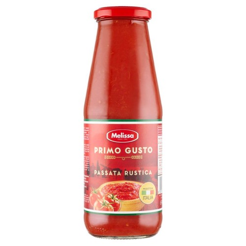 Szklana butelka Melissa Primo Gusto Passata Rustica 700g z czerwoną zakrętką. Na etykiecie pomidory i miska passaty.