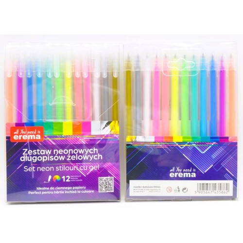Zestaw 12 neonowych długopisów żelowych erema w przezroczystym opakowaniu. Idealne do ciemnego papieru.