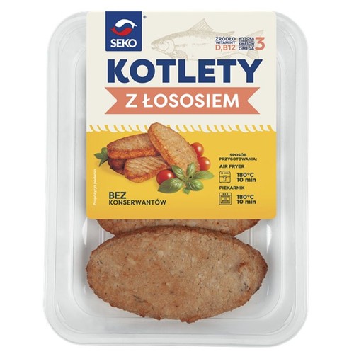 Produkt Seko: kotlety z łososia w plastikowym opakowaniu. Na etykiecie widnieje nazwa "Kotlety z Łososiem", informacja o braku konserwantów oraz o wysokiej zawartości witamin D, B12 i kwasów Omega 3. Widoczne są dwa gotowe kotlety.